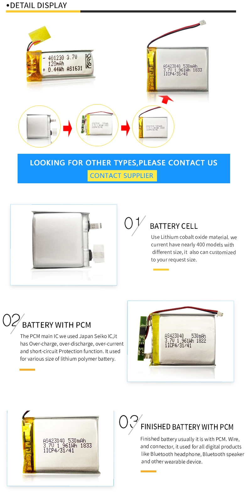 Lipo Battery 535058 Rechargeable Li-Polymer Batteries Lco Cell 3.7V 1600mAh From Factory